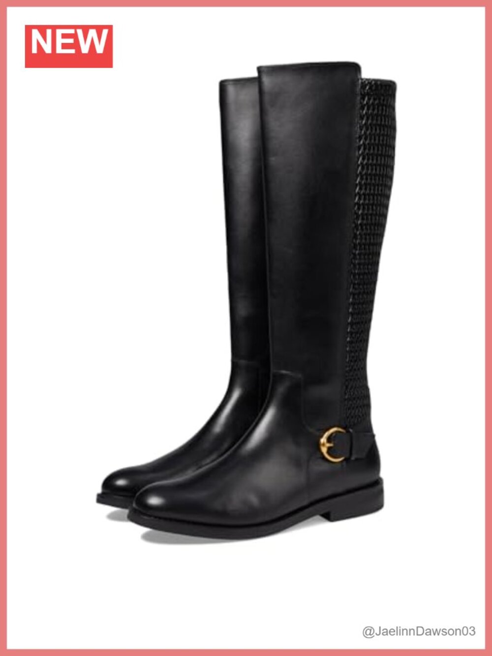 Knee-High Stretch Boots Leather Inside Zip CH Buckle Detailing Pull Tab Women's